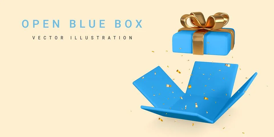 3D render and draw by mesh realistic open blue gift box and confetti. Vector  Illustrazione stock