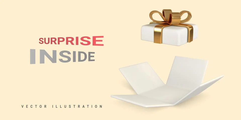 3D render and draw by mesh realistic white Gift Box on light yellow backgroun Illustrazione stock