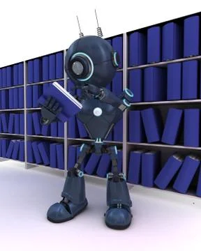 3D Render of an Android at bookshelf 스톡 일러스트