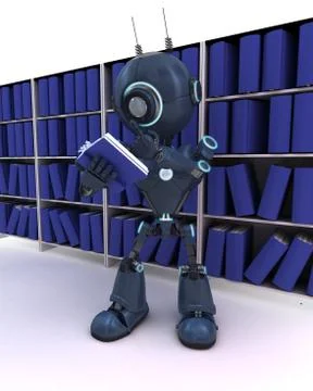 3D Render of an Android at bookshelf Stock Illustration