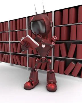 3D Render of an Android at bookshelf Stock Illustration