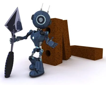 3D Render of an Android with bricks and trowel Stock Illustration