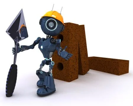 3D Render of an Android with bricks and trowel Stock Illustration