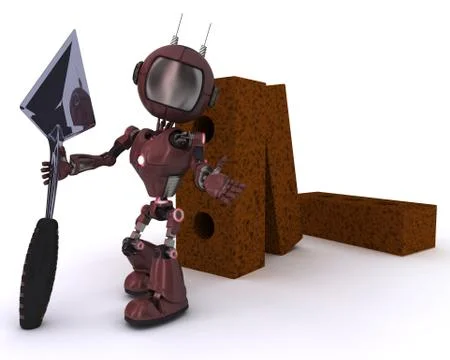 3D Render of an Android with bricks and trowel Stock Illustration