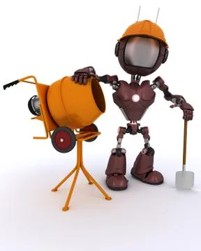 3D Render of an Android builder with cement mixer Stock Illustration