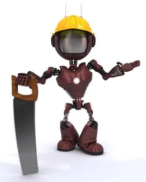 3D Render of an android Builder with a saw Stock Illustration