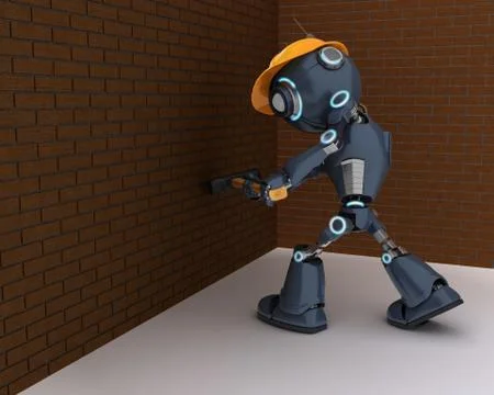 3D Render of an android Builder with a sledgehammer Stock Illustration