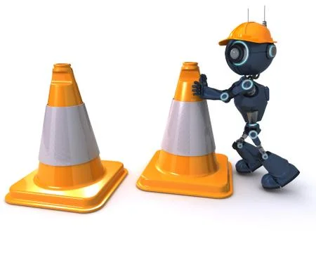 3D Render of an Android with caution cones Stock Illustration