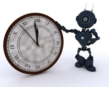3D Render of an Android with clock before midnight Illustrazione stock