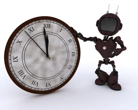 3D Render of an Android with clock before midnight Stock Illustration
