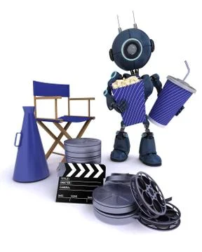 3D Render of an Android with directors chair popcorn and soda Stock Illustration