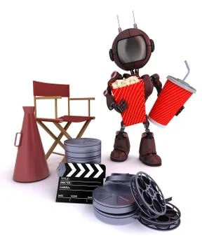 3D Render of an Android with directors chair popcorn and soda Stock Illustration