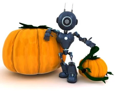 3D Render of an Android with holiday pumpkin.. Stock Illustration