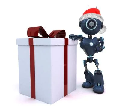 3D Render of an Android in a Santa hat with Christms Gift.. Stock Illustration