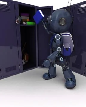 3D Render of an Android with school bag and locker Stock Illustration