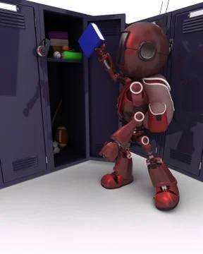 3D Render of an Android with school bag and locker Illustrazione stock