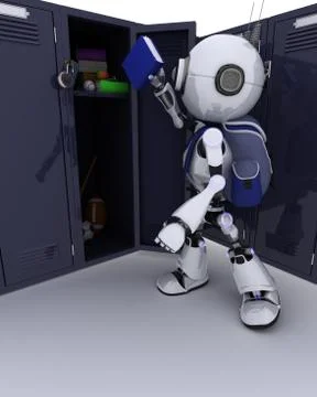 3D Render of an Android with school bag and locker Stockillustratie