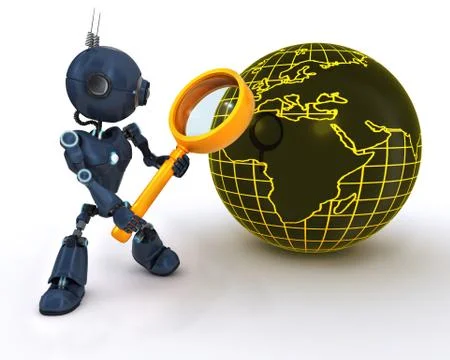 3D Render of an Android searching with magnifying glass 스톡 일러스트