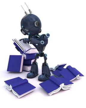 3D Render of an Android with stack of books Stock Illustration