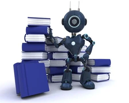 3D Render of an Android at with stack of books Illustrazione stock