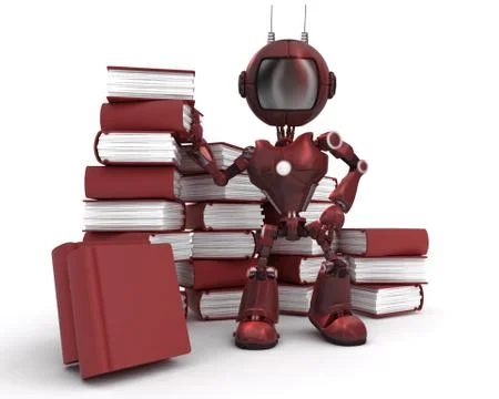 3D Render of an Android at with stack of books Stock Illustration