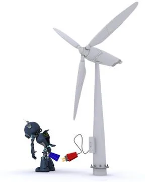 3D Render of a Android with wind turbine Stock Illustration