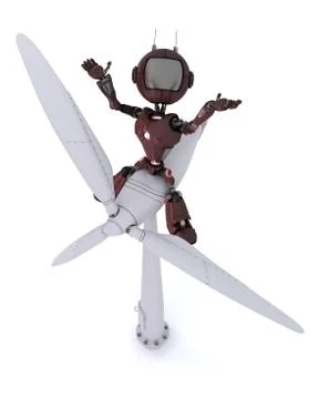 3D Render of a Android with wind turbine Stock Illustration