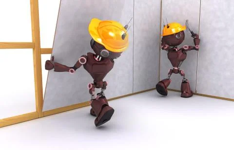 3D render of a Androids building a stud wall Stock Illustration