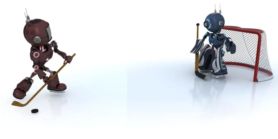 3D Render of  Androids playing ice hockey Stock Illustration