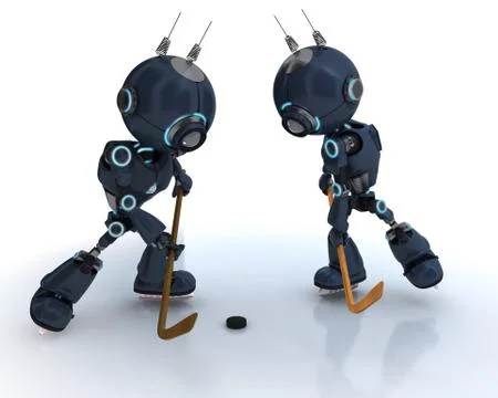 3D Render of  Androids playing ice hockey Stock Illustration