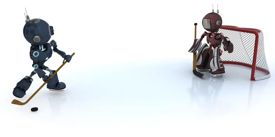 3D Render of  Androids playing ice hockey Stock Illustration