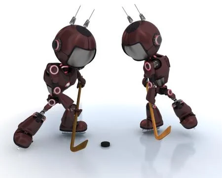 3D Render of  Androids playing ice hockey Stock Illustration