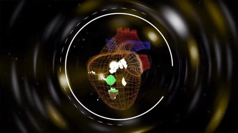 3d render. Animated tiny world spinning inside heart-shaped grid over techno Stock Illustration