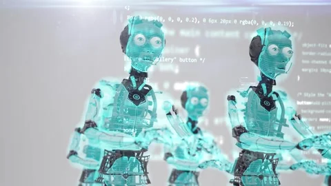 3d render animation with ai robots typing programming code.  Stock Footage 268238412