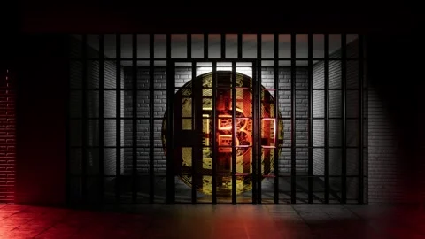 3d render animation of bitcoin closing into jail prison gate closing lights  Video stock 246677304