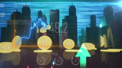 3d render animation of bitcoin in downtown city with graph overlay Video stock 280864365