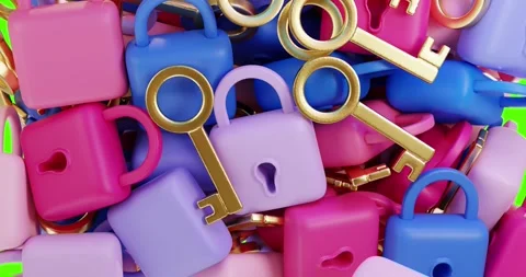 3d render animation of bright locks and golden keys falling. The concept of Stock Footage 251893412