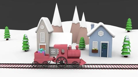 3d render animation Christmas house tree in the snow and train Merry Christ.. Stock Footage 289179844