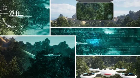 3d render animation collage of drone fly over forest with trees and modern f Stock Footage 237535339