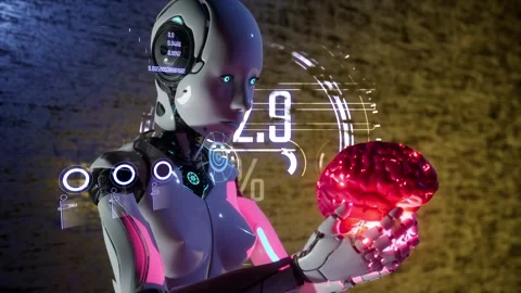 3d render animation of female robot with human brain in hands and hud interf Stock Footage 246676820