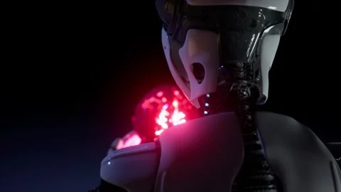 3d render animation of female robot back with human brain in hands and show  Stock Footage 246676842