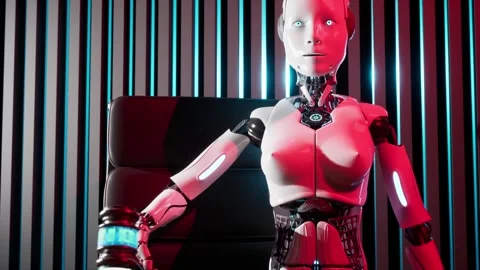 3d render animation of female robot with hammer in hand justice process in c Stock Footage 246677503