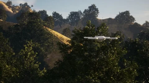 3d render animation of flying modern futuristic drone over forest with trees Stock Footage 237521501