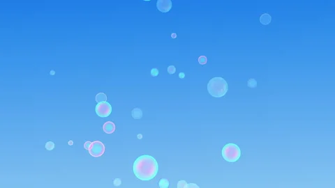 3D render of animation of flying soap bubbles on blue sky background Stock Footage 250509579