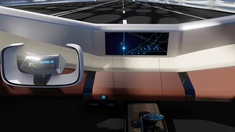 3D render animation of a futuristic car interior, with the blinking autopilot Stock Footage 128916889