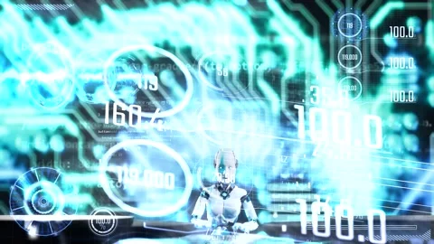3d render animation of futuristic humanoid a.i. typing writing binary code d Video stock 246677929
