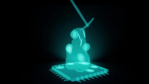 3d render animation of hologram bitcoin in heaps. A pickaxe stuck in a mound Stock Footage 246677942