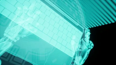 3d render animation of holographic robot hands typing on notebook programmin Stock Footage 246678001