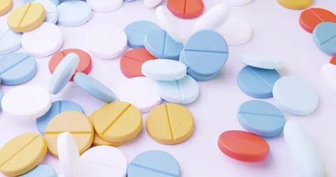 3d render animation multicolored tablets of different shapes fall on the tab Video stock 257410941