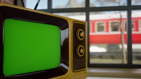 3d render animation of old television with green screen and train wagon Video stock 280516691